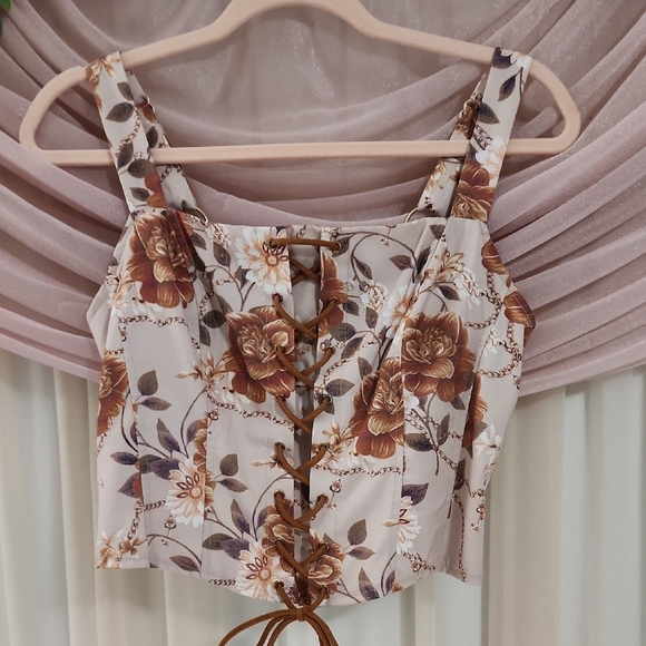 Sterling & Stitch Tops - Floral Lace-Up Crop Top - Brown and Cream